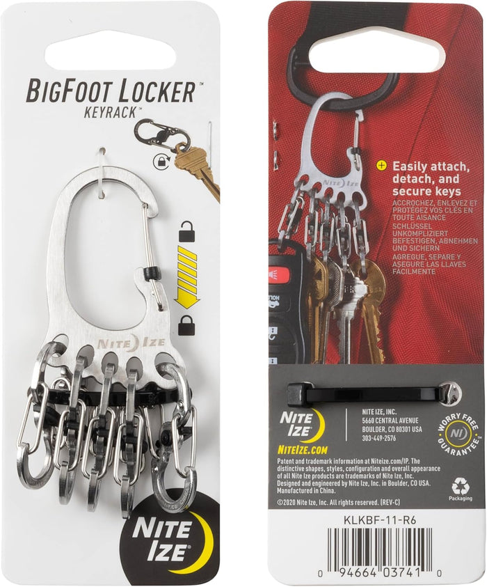 Nite Ize Bigfoot Locker KeyRack - Stainless Steel Holder for Car, House & Other Keys - Carabiner with S-Biners - Holds 15 Keys at Once - Carry Everyday Essentials - Silver