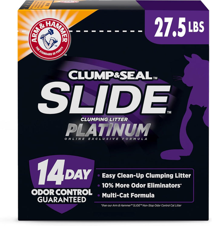 ARM & HAMMER Clump & Seal SLIDE Platinum Multi-Cat Clumping Cat Litter, 14-Day Odor Control, EZ Clean Technology, 18 lbs – No Scrubbing, Powerful Odor Eliminator