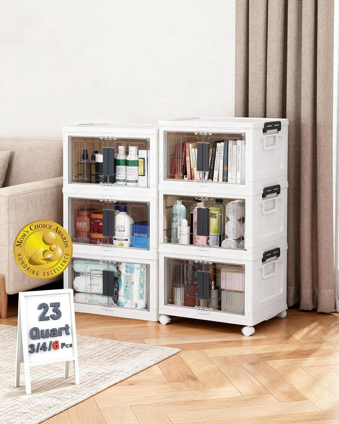 OlarHike 48QT Stackable Storage Bins with Lids - Folding Storage Boxes with Doors and Wheels, Collapsible Plastic Storage Organizer for Closets, Storage and Organization, 6 Pack Cubes