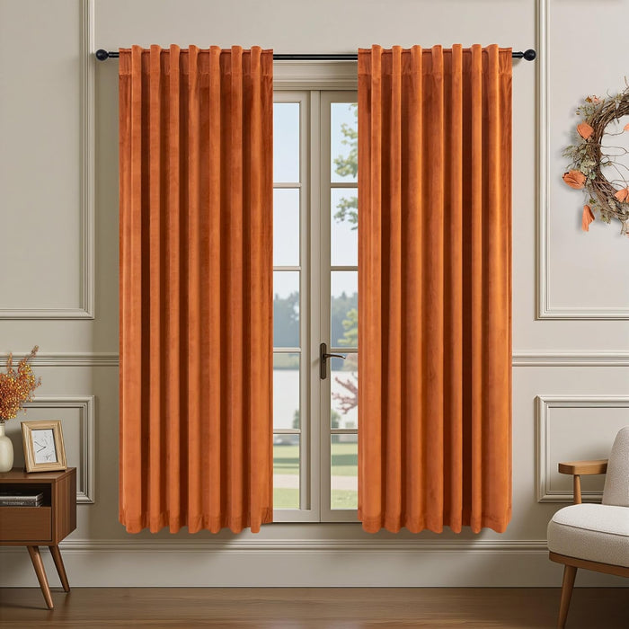 Velvet Curtains 84 Inch Length 2 Panels Set Gold Brown Light Blocking Thermal Insulated Room Darkening Window Drapes Soft Luxury Curtain for Living Room Bedroom Back Tab Pleated Pocket 7ft Long Golden