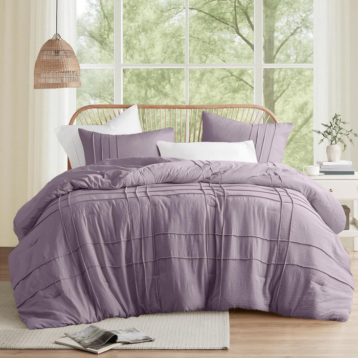 Comfort Spaces Cream Queen Size Comforter Set - 3 Pieces Pintuck Pleated Bedding Sets, All Season Lightweight, Extra Softness Pre-Washed Microfiber Queen Bed Set, Shams