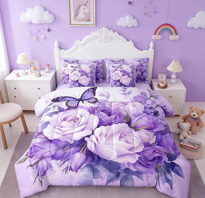 Feelyou Cute Flower 7 Piece Bedding Set Twin Size Kids Cartoon Cute Floral Bed in a Bag for Kids Girls Teens Toddler Yellow Pink Comforter Set with Sheets Kawaii Bed Set