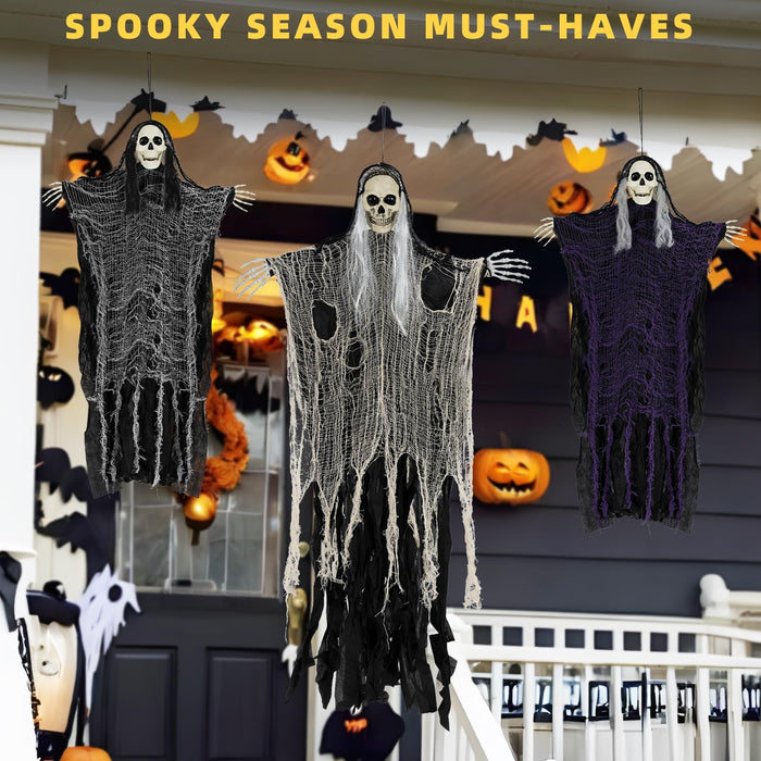 Halloween Decorations Outdoor/Indoor,Set of 3 Scary Hanging Ghosts,Halloween Grim Reaper Skeleton, Scary Party Decorations,Haunted House Decor for Yard/Lawn/Garden.