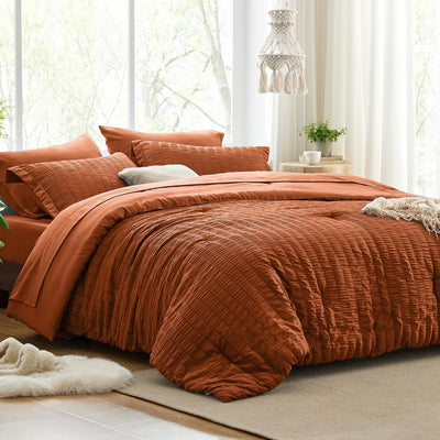 Love's cabin Seersucker Terracotta King Size Comforter Set 7 Pieces, All Season Bedding Set, King Bed in a Bag Comforter Set with Comforter, Flat Sheet, Fitted Sheet, Pillowcase and Pillow Sham
