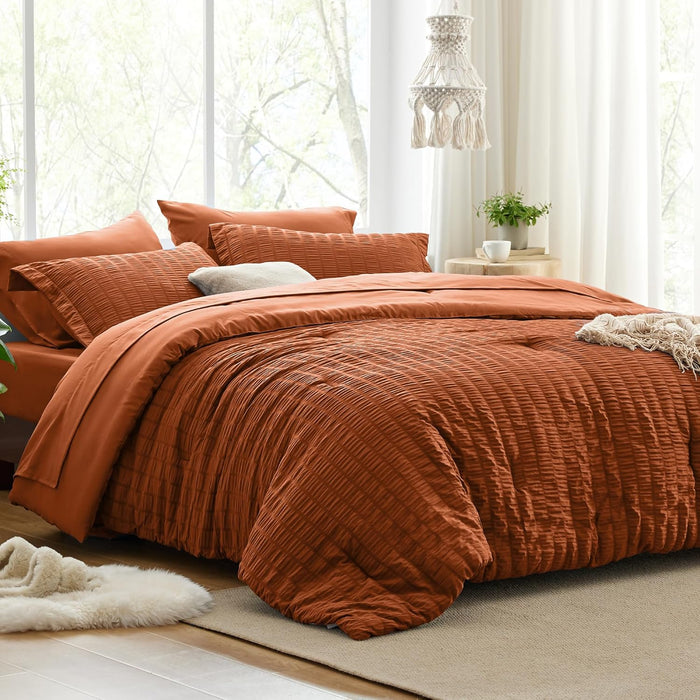 Love's cabin Seersucker Terracotta King Size Comforter Set 7 Pieces, All Season Bedding Set, King Bed in a Bag Comforter Set with Comforter, Flat Sheet, Fitted Sheet, Pillowcase and Pillow Sham
