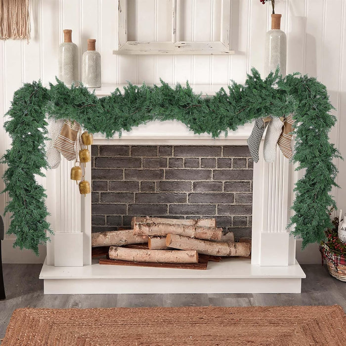Hananona 9 FT Artificial Cedar Garlands, Real Touch Winter Cedar Pine Garland, Green Artificial Greenery Garland for Table, Mantle, Wall, Indoor, Outdoor Christmas Decorations (1, 9 FT)