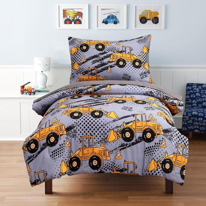 NTBED 4 Pieces Construction Toddler Bedding Set for Baby Boys,Tree Truck Vehicles Excavator Cars Printed, Includes Comforter, Flat Sheet, Fitted Sheet and Pillowcase,Light Grey