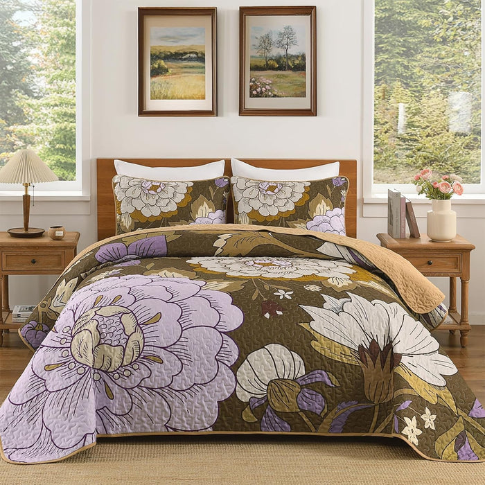 DJY Floral Quilt Set Queen Size Black Boho Bedspread Coverlet Set 3 Pieces, Botanical Quilt Lightweight Microfiber Farmhouse Floral Bohemian Bedding Set with 2 Pillow Shams for All Season (96''x90'')