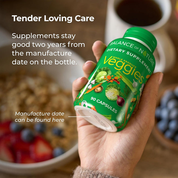 Balance of Nature Fruits and Veggies Supplements - Whole Fruit and Vegetable Ingredients for Women, Men, and Kids - 90 Fruit Capsules, 90 Veggie Capsules - 1 Set