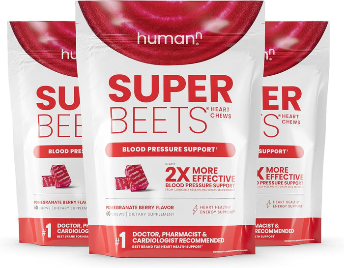 HumanN SuperBeets Heart Chews, Nitric Oxide and Blood Pressure Support, Grape Seed Extract & Non-GMO Beet Root Powder Energy Supplement, Pomegranate Berry Flavor, 60 Count