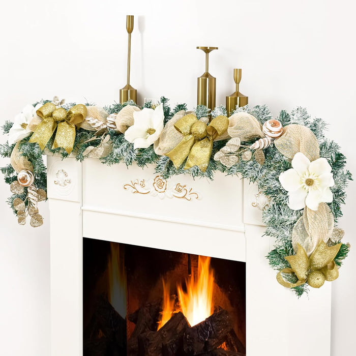Christmas Garland with Lights, 5.9 FT Luxury Christmas Garland for Mantle, Christmas Flocked Garland with Gold Bows Ribbons Magnolia for Front Door Fireplace Table Home Decor