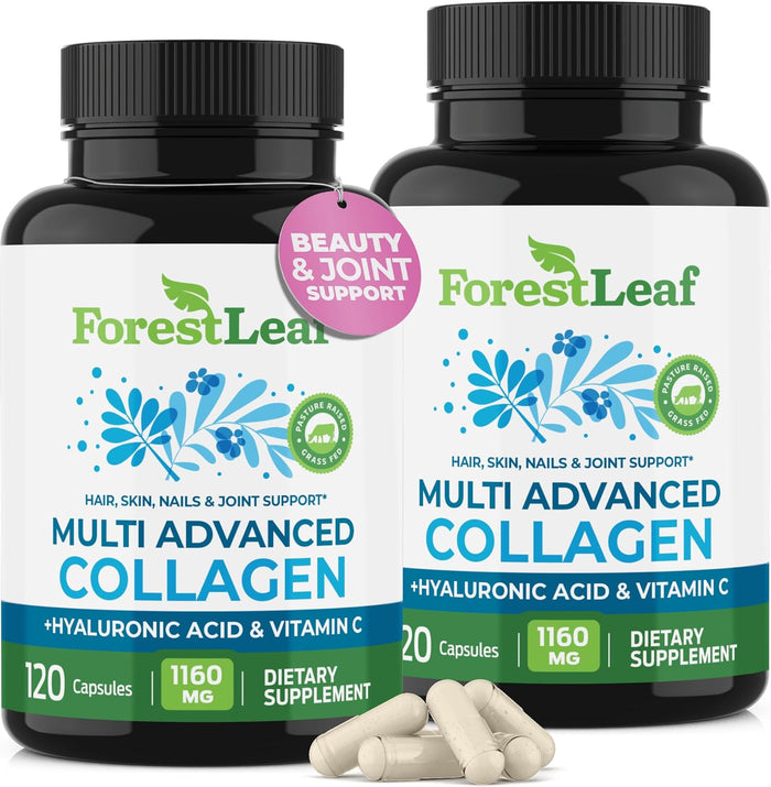 ForestLeaf Multi Collagen Pills with Hyaluronic Acid + Vitamin C | Hydrolyzed Collagen Supplements for Women or Men | Multi Collagen Capsules Peptides for Skin, Wrinkles, 120 Caps