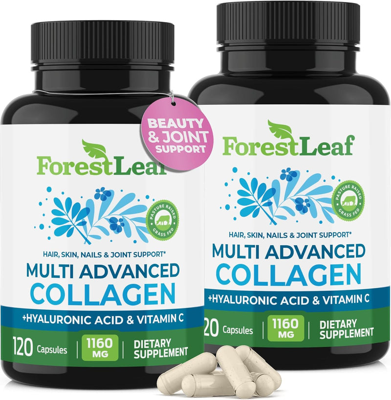 ForestLeaf Multi Collagen Pills with Hyaluronic Acid + Vitamin C | Hydrolyzed Collagen Supplements for Women or Men | Multi Collagen Capsules Peptides for Skin, Wrinkles, 120 Caps