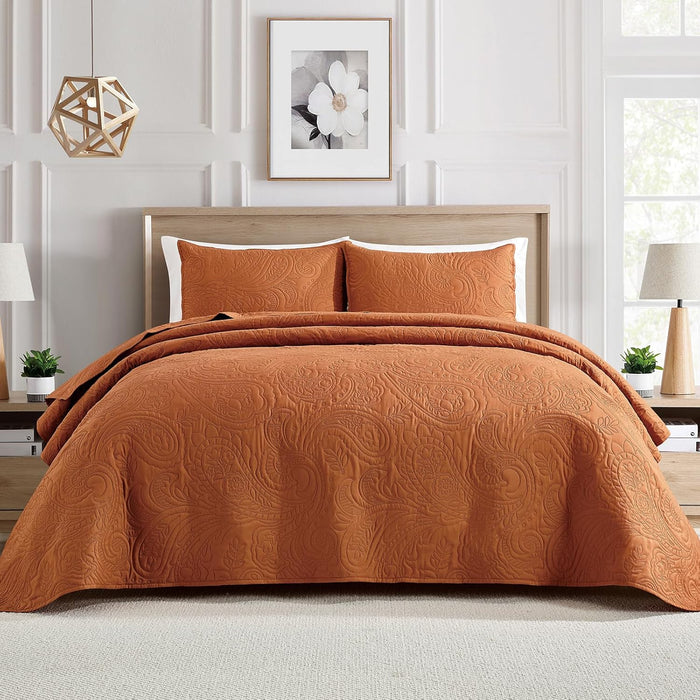 BOURINA Ultrasonic Quilt Set Bedspreads 3-Piece Bedding Set Pre-Washed Microfiber Ultra Soft Lightweight Flower Coverlet Set for All Season, Queen Taupe