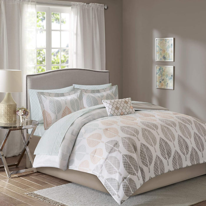 Madison Park Essentials Queen Comforter Set, Bed in a Bag Queen, Watercolor Print Coastal Comforter & Chambray Cotton Sheet Set, All Season Bedding Set, Saben, Aqua Queen (90 in x 90 in) 9 Piece