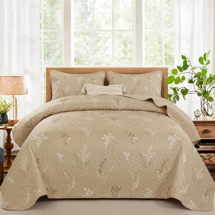 Drucon Burnt Orange Quilt Set King Size Branch Bedspread Coverlet Set, Terracotta Botanical Floral Pattern Quilted Bedding Set 3 Piece Lightweight Microfiber Bed Cover for All Season (104''x90'')