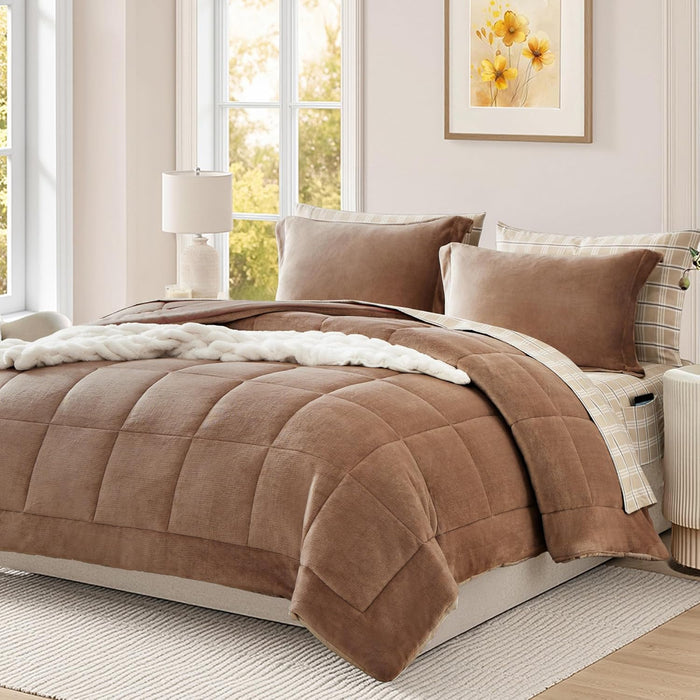 Plush Queen Comforter Set Light Taupe, Flannel Velvet Comforter Sets 7 Pieces Bed in a Bag, Soft Warm Winter Bedding Set with Sheets, Pillowcases & Shams