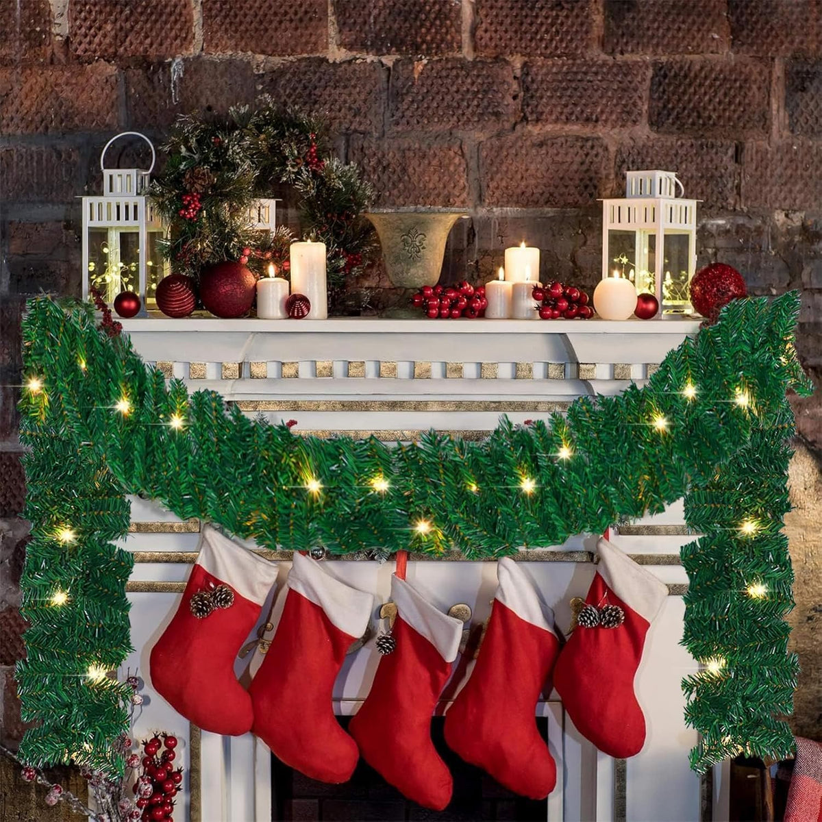 MorTime 17.7 FT LED Christmas Garland, Pre-Lit Artificial Garland for Indoor Outdoor Christmas Decorations Multi-Function Christmas Garland with 100 Warm White LED Lights