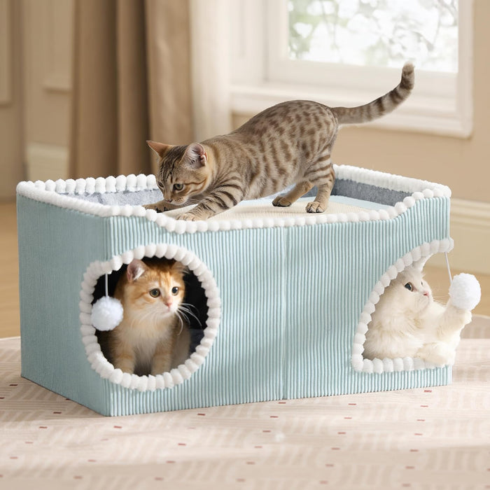 Bedsure Cat Beds for Indoor Cats - Large Cat Cave for Pet Cat House with Fluffy Ball Hanging and Scratch Pad, Foldable Cat Hideaway, 16.5x16.5x13 inches, Grey