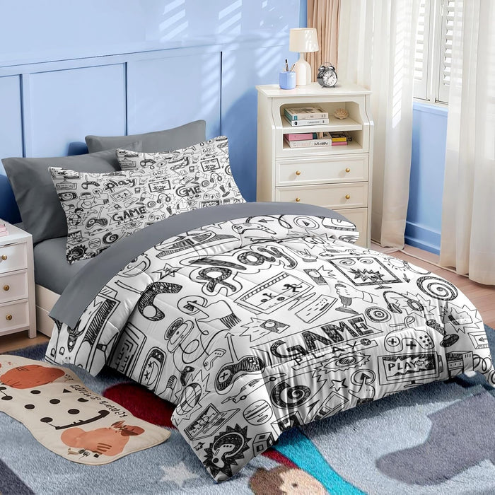 Nesker 7 Pcs Comforter Set Full Size, Computer Games Doodles Bedding for Kids Teen, Gamer Gaming Blackwith Fitted Sheet 2 Pillowcases & 2 Shams for Bedroom Bed Decor