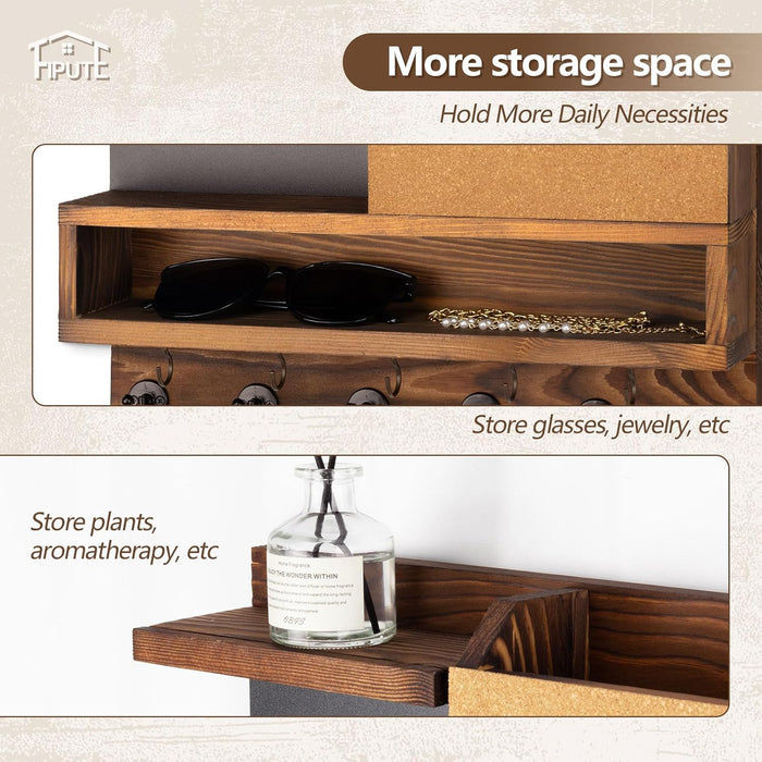 Key Holder for Wall Mount with Mail Organizer, Farmhouse Key Holder for Wall with Shelf, Chalkboard&Corkboard, Entryway Organizer 11 Metal Hooks, Decorative Natural Pine Wood, 14.6*11.1*3.3”, B-Brown