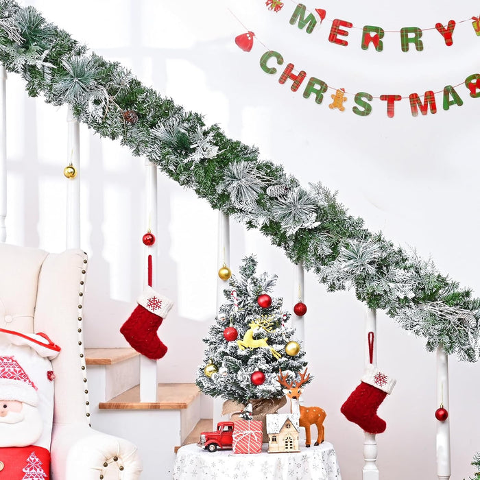6 FT Christmas Garland with Lights, Artificial Flocked Pine Garland for Mantle, Lighted Garland Real Touch Norfolk Pine with Frost Leaves Pinecones for Indoor Outdoor Christmas Decorations