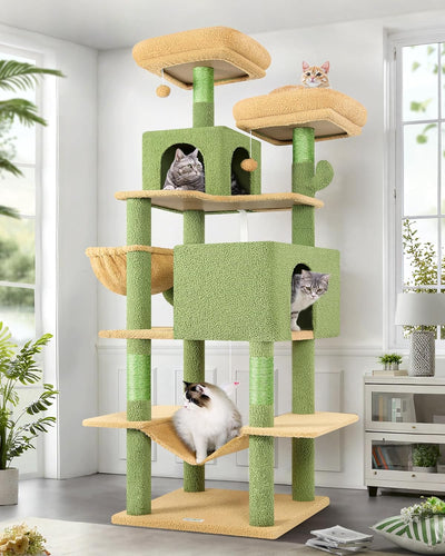 Globlazer Cactus Cat Tree Tower 76-Inch Extra Tall Multi-Level Cat Furniture with Cozy Condos,Interactive Toys and Perches for Large Cats, Perfect for Climbing, Scratching, and Play, F76, Green
