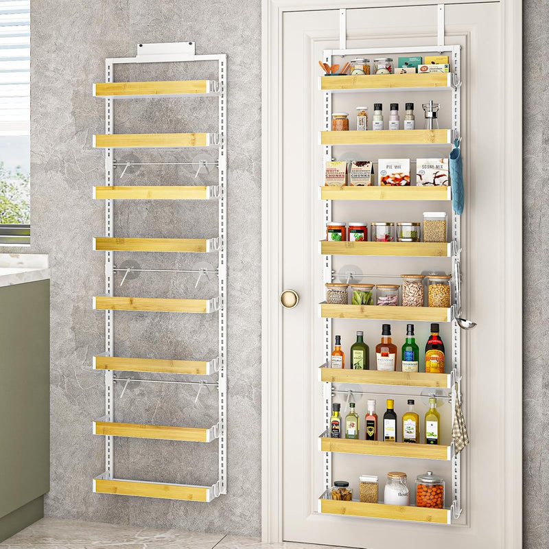 bukfen Over the Door Pantry Organizer, 8-Tier Adjustable Wooden Basket Kitchen Pantry Door Organization and Storage,2 in 1 Wall Mount or Hanging Heavy-Duty Metal Hanging Kitchen Spice Rack,1 Pack
