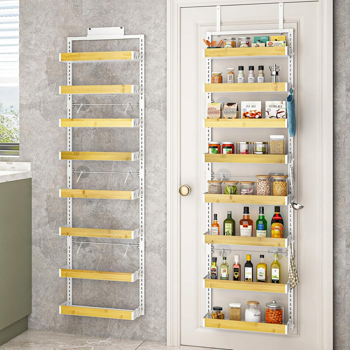 bukfen Over the Door Pantry Organizer, 8-Tier Adjustable Wooden Basket Kitchen Pantry Door Organization and Storage,2 in 1 Wall Mount or Hanging Heavy-Duty Metal Hanging Kitchen Spice Rack,1 Pack