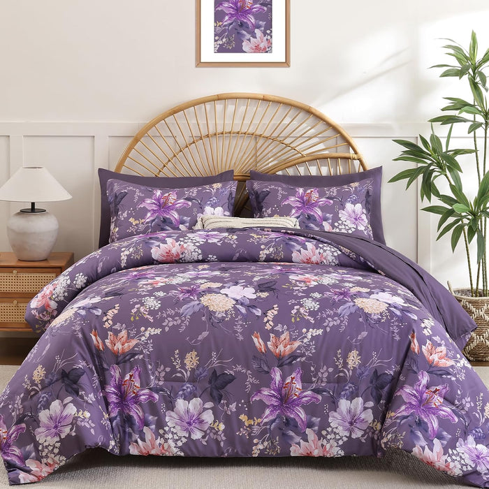 Drucon Comforter Set King Size, 7 Pieces Sage Green Floral Comforter Sets, Reversible Botanical Bed in a Bag Soft Lightweight Microfiber Bedding Sets for All Seasons (90"x104")
