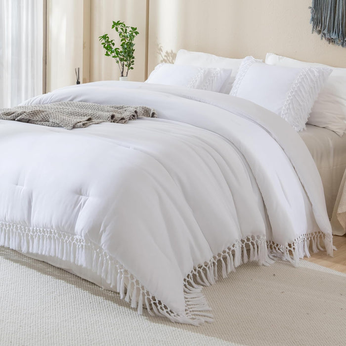 Andency Comforter Queen Size Set Beige, 3 Pieces Tassel Boho Lightweight Winter Bedding Comforters & Sets, All Season Bed Set (90x90In Comforter & 2 Pillowcases)