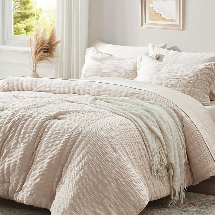 Zzlpp Queen Comforter Set 7 Pieces, Olive Green Seersucker Bed in a Bag with Comforter and Sheets, All Season Bedding Sets with 1 Comforter, 2 Pillow Shams, 2 Pillowcases, 1 Flat Sheet