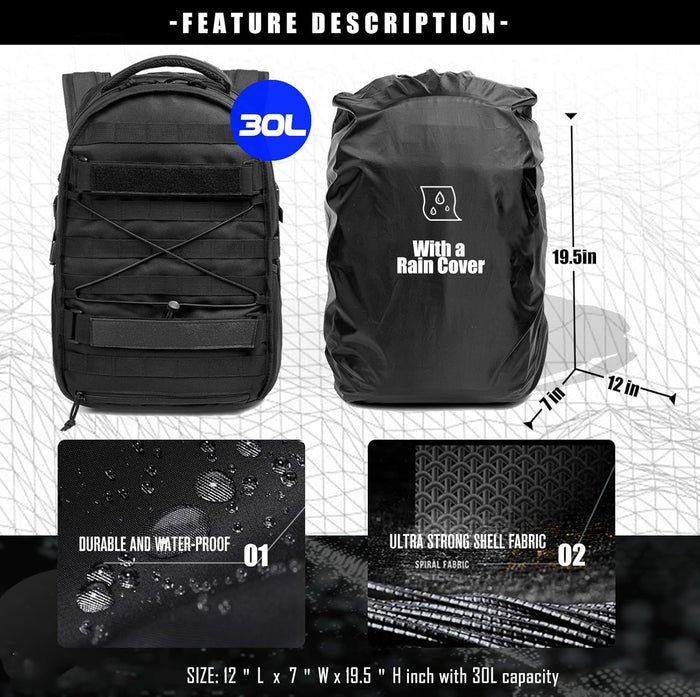 Tactical Military Backpack 30L Molle Assault Pack Army Rucksack, Heavy Duty for Hiking Camping Travel 3-Day Bug Out Bag (Black)