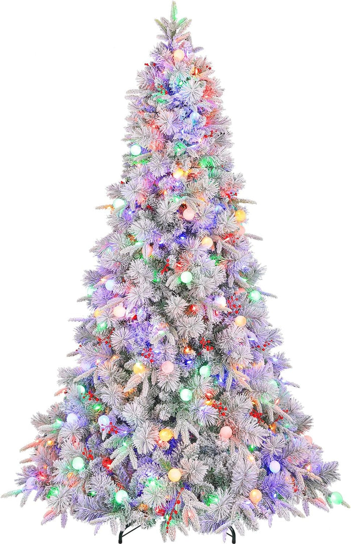 Hykolity 9 ft Prelit Snow Flocked Christmas Tree with 600 Warm White LED Lights, 5149 PE&PVC Branch Tips, Metal Stand and Hinged Branches