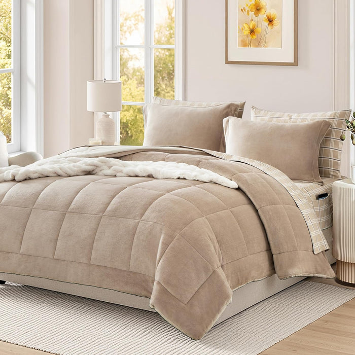 Plush Queen Comforter Set Light Taupe, Flannel Velvet Comforter Sets 7 Pieces Bed in a Bag, Soft Warm Winter Bedding Set with Sheets, Pillowcases & Shams