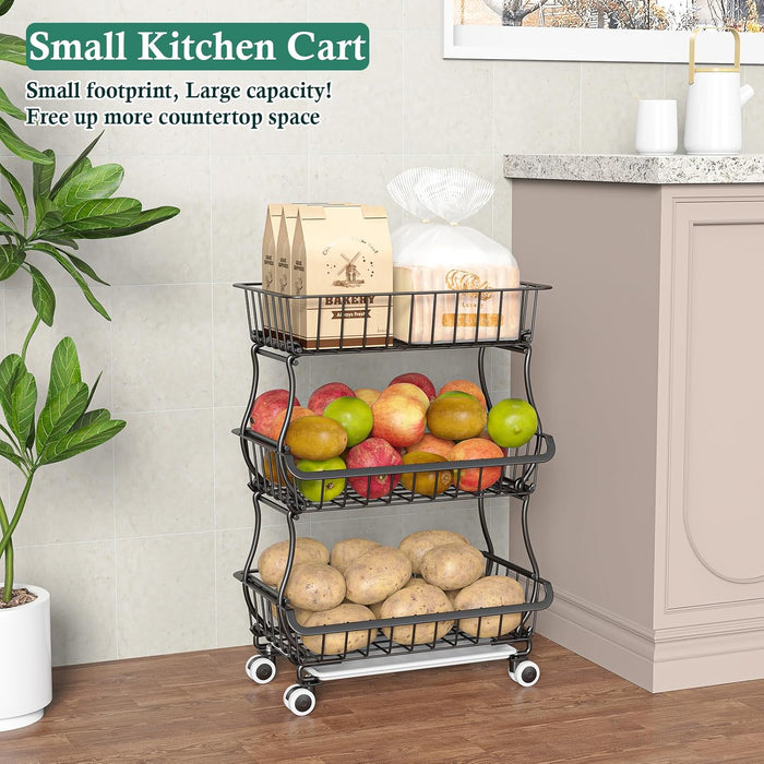 3-Tier Rolling Pantry Floor Organizer and Storage Cart with Wheels, Stackable Wire Pantry Baskets for Pantry Shelves, Kitchen Fruit Basket Stand and Storage Rack for Fruit Snack Onion Potato
