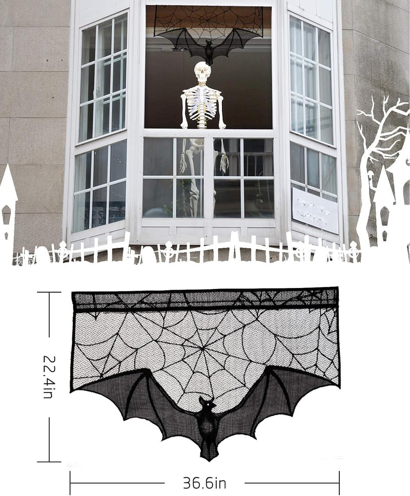 ANPHSIN Halloween Black Lace Spiderweb- 2 Pcs Bat Curtain Window Valance Cobweb Tablecloth Shower Curtains Fireplace Mantles Scarf Cover for Home Door Kitchen Bathroom Festive Party Decorations