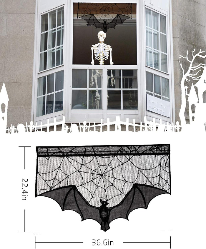 ANPHSIN Halloween Black Lace Spiderweb- 2 Pcs Bat Curtain Window Valance Cobweb Tablecloth Shower Curtains Fireplace Mantles Scarf Cover for Home Door Kitchen Bathroom Festive Party Decorations