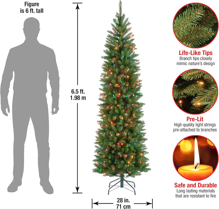 National Tree Company Artificial Pre-Lit Slim Christmas Tree, Green, Kingswood Fir, Multicolor Lights, Includes Stand, 6.5 Feet