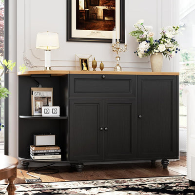 Unikito 55" Coffee Bar with Power Outlet, Wine Bar Cabinet with Wine Rack, Home Coffee Bar Cabinet, Buffet Sideboard with Storage Shelf for Kitchen, Dining Room
