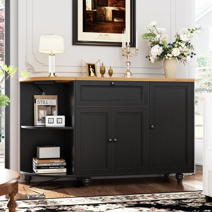Unikito 55" Coffee Bar with Power Outlet, Wine Bar Cabinet with Wine Rack, Home Coffee Bar Cabinet, Buffet Sideboard with Storage Shelf for Kitchen, Dining Room