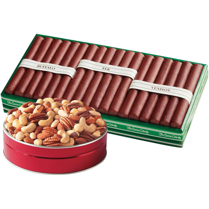 The Swiss Colony Wild Game Meat Sticks Gift Box - Includes Exotic Meats: Buffalo, Elk, and Venison Blended with Pork and Beef, Gift Package for Men