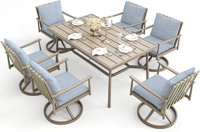 HAPPATIO 7-Piece Outdoor Dining Set for 6, Aluminum Patio Dining Set Includes 6 Swivel Dining Chairs and 1 Large Rectangular Table with Umbrella Hole, Patio Furniture Set for Lawn, Porch, Grey