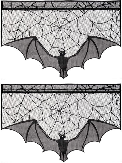 ANPHSIN Halloween Black Lace Spiderweb- 2 Pcs Bat Curtain Window Valance Cobweb Tablecloth Shower Curtains Fireplace Mantles Scarf Cover for Home Door Kitchen Bathroom Festive Party Decorations
