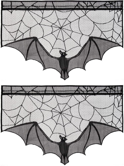 ANPHSIN Halloween Black Lace Spiderweb- 2 Pcs Bat Curtain Window Valance Cobweb Tablecloth Shower Curtains Fireplace Mantles Scarf Cover for Home Door Kitchen Bathroom Festive Party Decorations