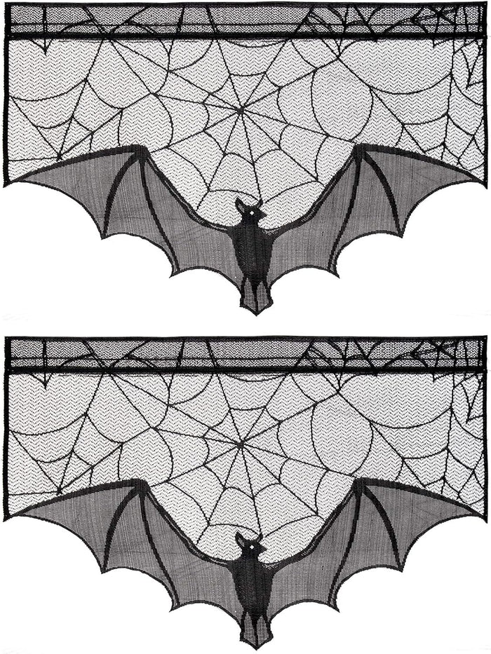ANPHSIN Halloween Black Lace Spiderweb- 2 Pcs Bat Curtain Window Valance Cobweb Tablecloth Shower Curtains Fireplace Mantles Scarf Cover for Home Door Kitchen Bathroom Festive Party Decorations