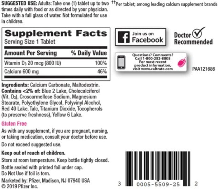 Caltrate 600 Plus D3 Calcium and Vitamin D Supplement Tablets, Bone Health Supplements for Adults - 200 Count