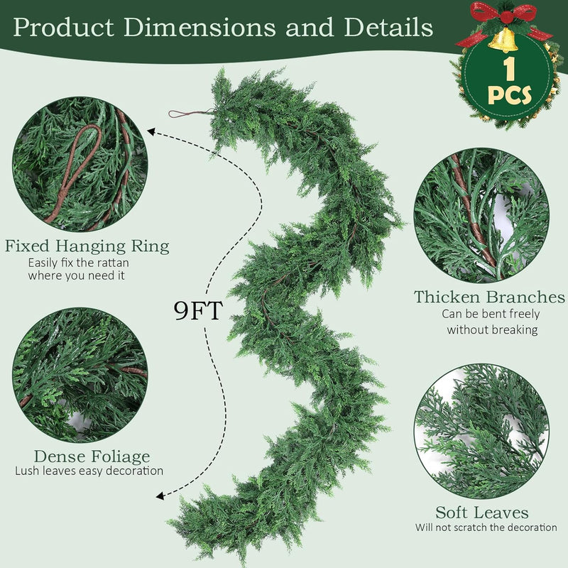 9 Ft Artificial Cedar Garlands, Faux Cypress Garland, Realistic Christmas Real Touch Greenery Pine Garland for Table, Mantle, Wall, Indoor, Outdoor Christmas Decorations (1, 9 FT)