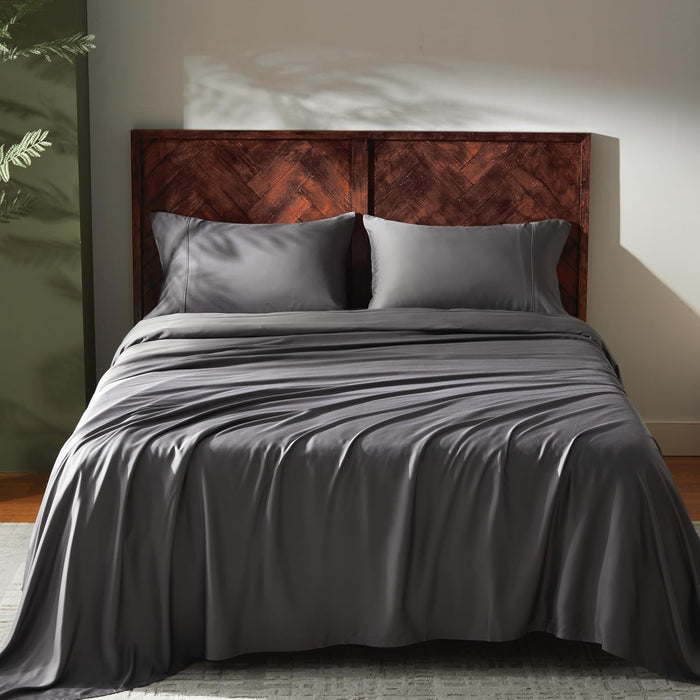 GOKOTTA 4-Pcs King Size Sheets Set, 100% Rayon Derived from Bamboo, 16 Inch Deep Pocket King Sheets with Elastic Corner Straps, Cooling Sheets for Hot Sleepers - Silky Soft & Breathable - Stone Grey