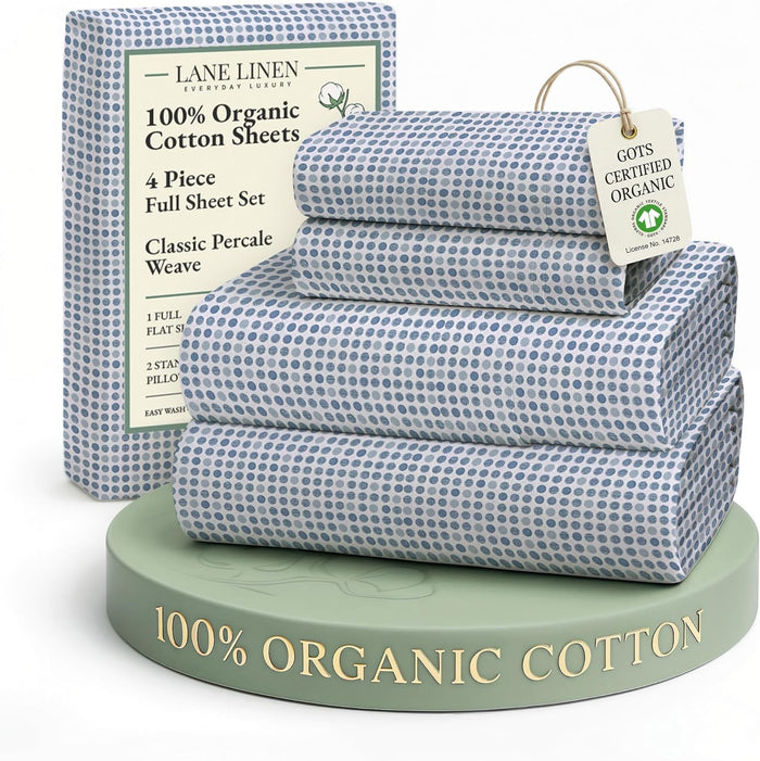 LANE LINEN 100% Organic Mercerized Cotton Pre Washed Full Size Bed Sheets, Soft & Comfy Low Pill Fade Resistance Fully Elasticized Oeko Tex Certified 15" Deep Pocket Full Sheet Set - White